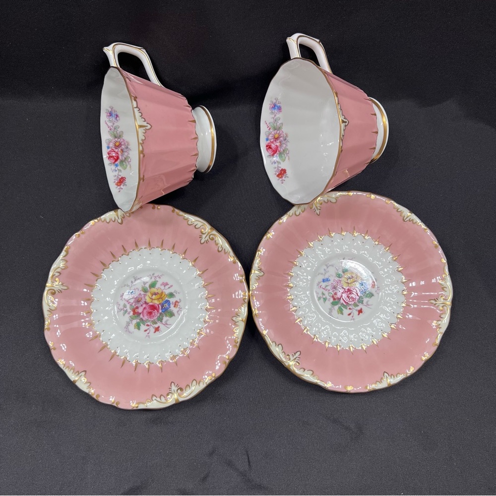 ROYAL CROWN DERBY Kendal Rose Pink Tea Cups & Saucers Set Of 2 - Vintage